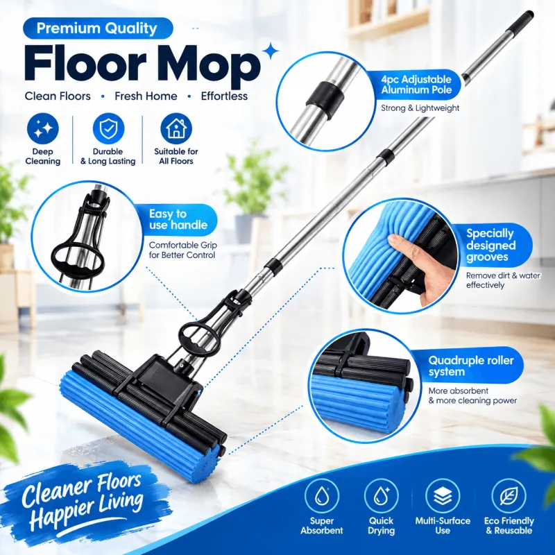 Auto Water Absorb Foamic Sponge Mop with Squeezing Roller and stainless steel pole standing on a clean tiled floor.