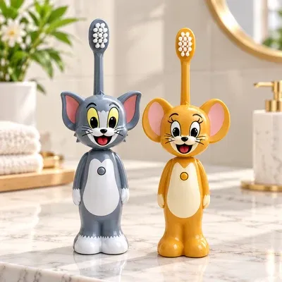 Grey Tom and yellow Jerry Kids Toothbrush standing upright on a marble bathroom counter surface.