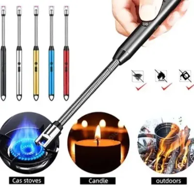 Electric USB Rechargeable Arc Lighter held in hand showing flexible neck bend towards gas stove and candle.