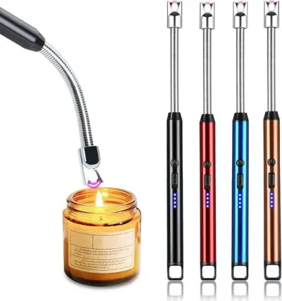 Bendable USB Rechargeable Arc Lighter lighting a scented glass jar candle next to four colorful lighters.
