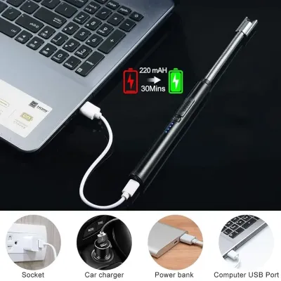 USB Rechargeable Arc Lighter plugged into a laptop USB port for charging, showing 220 mAh battery capacity graphic.