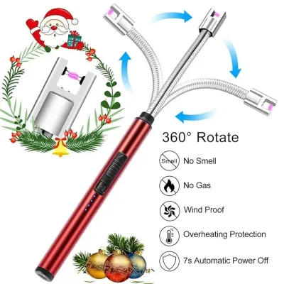 Red USB Rechargeable Arc Lighter with 360 degree flexible neck and features list against a white background.