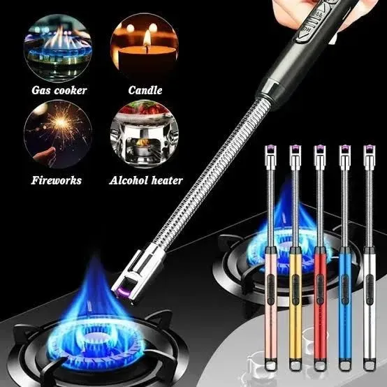 USB Rechargeable Arc Lighter igniting a gas stove burner with blue flames, alongside various color options.