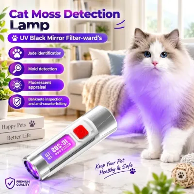 Compact UV Money Detector Pen shining purple light on a long-haired cat to inspect for pet moss.