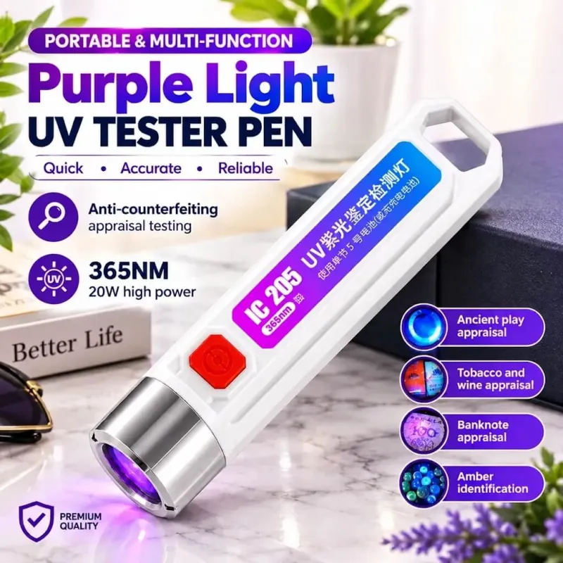 Portable white UV Money Detector Pen with red button resting on marble surface next to product feature graphics.