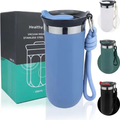 Blue Vacuum Insulated Coffee Mug 350ml with blue lanyard loop next to teal and black box.