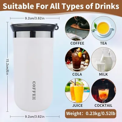 White Vacuum Insulated Coffee Mug 350ml with dimensions 15.2cm height, 9.2cm width, and drink icons.
