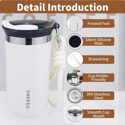 Detail feature view of white Vacuum Insulated Coffee Mug 350ml showing stainless steel interior and rope strap.