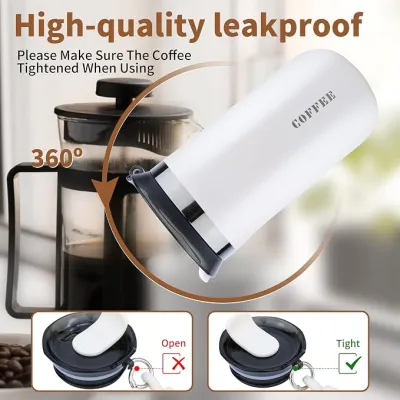 Vacuum Insulated Coffee Mug 350ml shown with leakproof lid details and French press in background