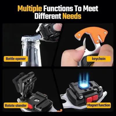 Multiple features of W5147 Keychain Light including bottle opener, keychain clip, rotating stand, and magnet.