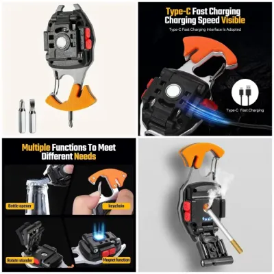 Grid view showing all functions and features of W5147 Keychain Light 6 in 1 Rechargeable Mini Torch.