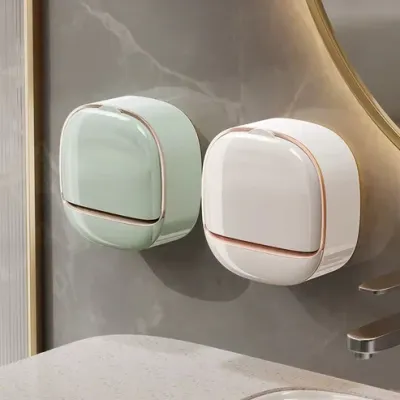 Wall Mounted Soap Box with Flip Cover & Drain Tray – white soap holder with cover