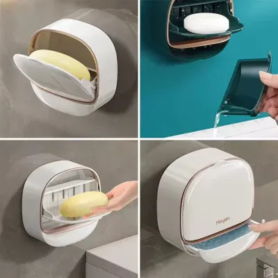 Wall Mounted Soap Box with Flip Cover & Drain Tray – open soap dish with bar soap