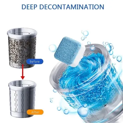 Diagram showing deep decontamination process of washing machine drum with a Washing Machine Cleaning Tablet