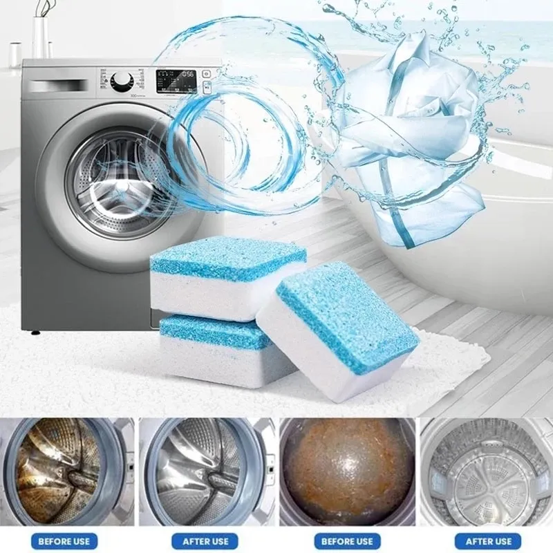 Three Washing Machine Cleaning Tablets stacked in front of a washing machine with before and after comparison images