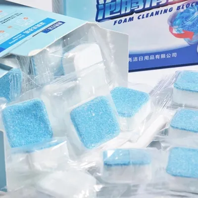 Washing Machine Cleaning Tablets individually wrapped inside a light blue open box